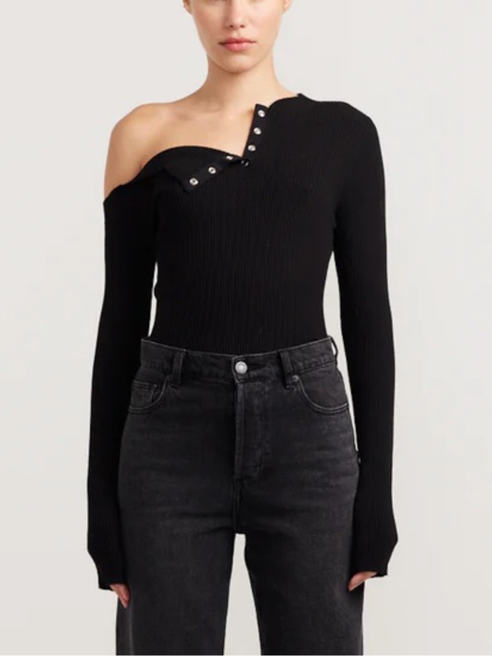 Henne Argo Asymmetrical Henley Rib Top in Black size M Medium